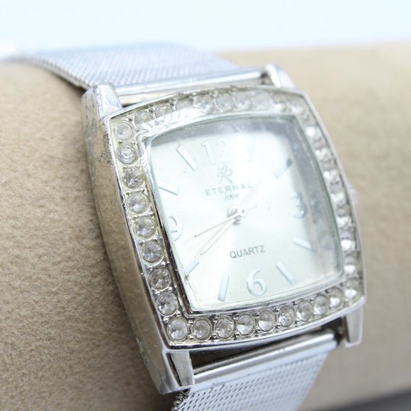Eternal Love Women's Silver tone square watch, diamanté edge, metal strap - Picture 3 of 6